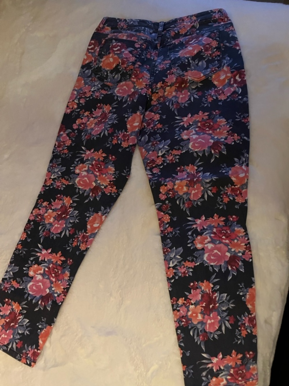 Boston Proper Navy Floral Skinny Jeans with Pink & Coral Blooms